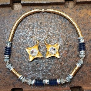 Handmade Blue Gold Beaded Necklace And Earrings
